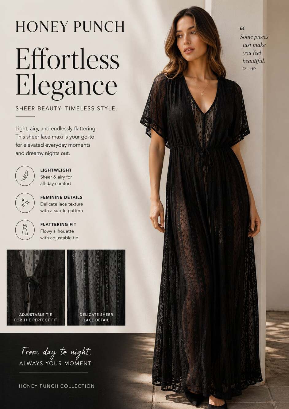 Honey Punch Sheer Lace Maxi Tie-Front Beach Cover-Up Dress